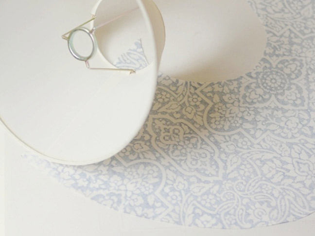 glueing the fabric on to the old lampshade 