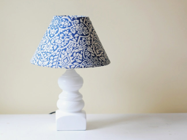Completed revamped lamp shade on a white lamp and desk