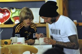 David Beckham, black knit hat, White shirt