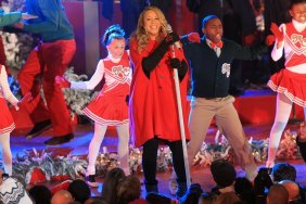 Mariah Carey, red christmas outfit, rockefeller center, black boots, black pants, black gloves