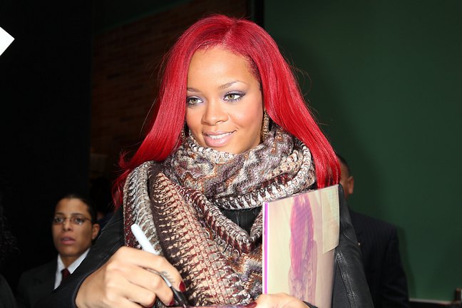 Rihanna, red hair, print scarf, black jacket