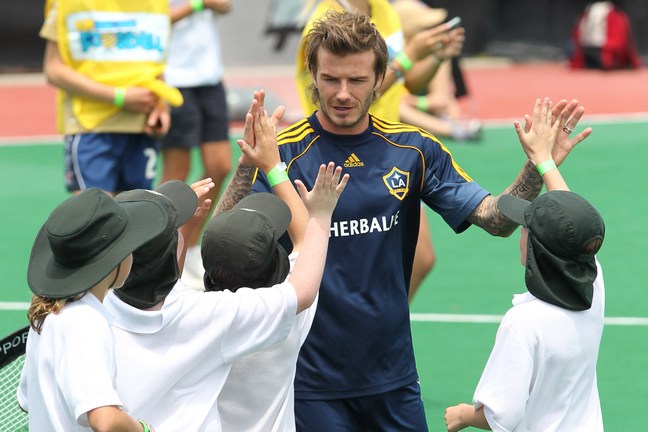 David Beckham, LA Galaxy uniform, blue shorts, blue shirt