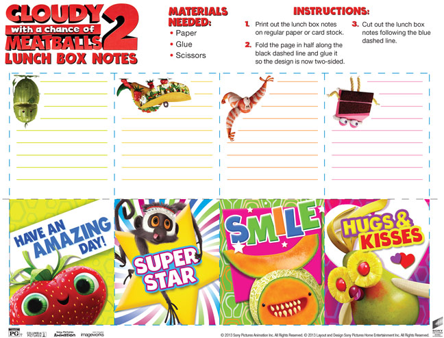 Click for the full resolution version of the Cloudy with a Chance of Meatballs 2 Lunchbox Notes!