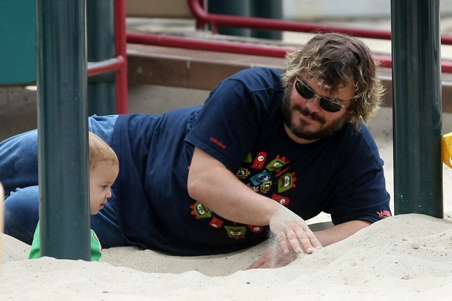 Jack Black t-shirt, blue shirt, sand