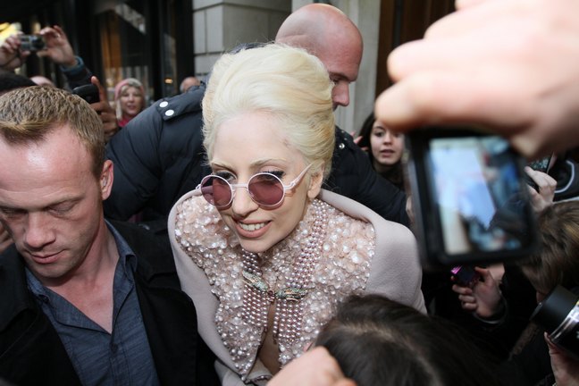 Lady Gaga, cream color vintage gown, round sunglasses, beaded gown, off white gown, champagne dress