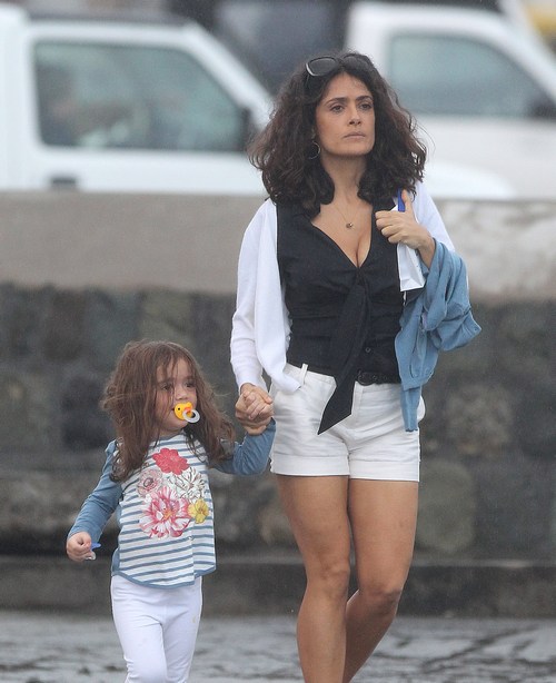 Salma Hayek, black tank top, white shorts, white shirt