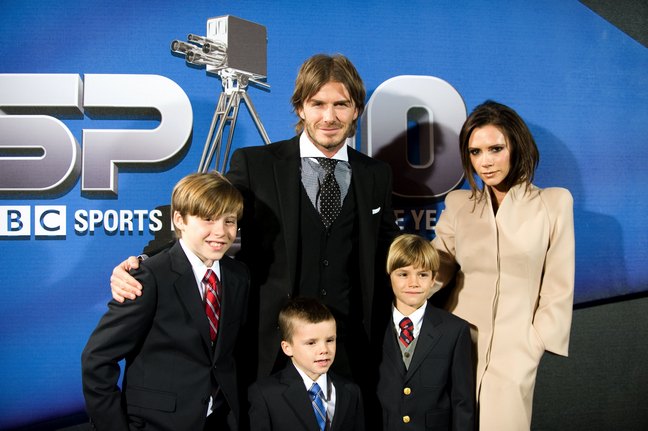 Victoria Beckham, beige suit, David Beckham