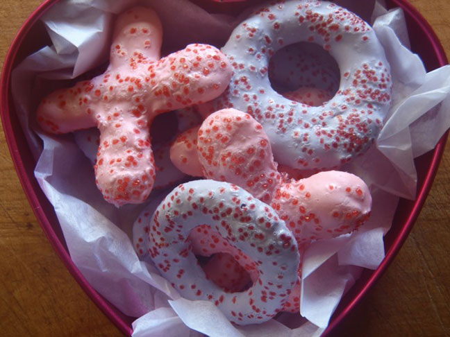 Hugs and kisses Valentines Meringue cookies in a heart shaped box