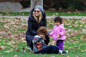 Heidi Klum, Black winter coat, knit hat