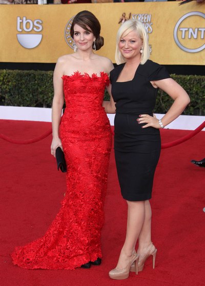 Tina Fey red strapless gown, Amy Poehler black dress