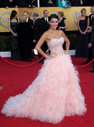 Angie Harmon pink gown, pink feather dress, pink dress, pink strapless dress