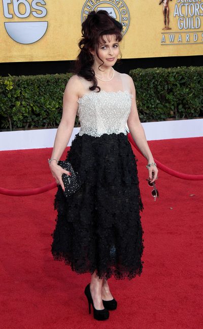 Helena Bonham Carter, black high heels, black and white gown, SAG awards dress