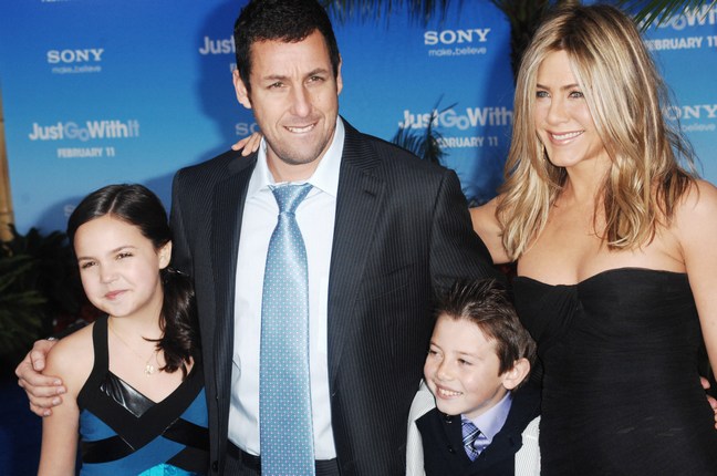 jennifer aniston, black dress, Adam Sandler suit