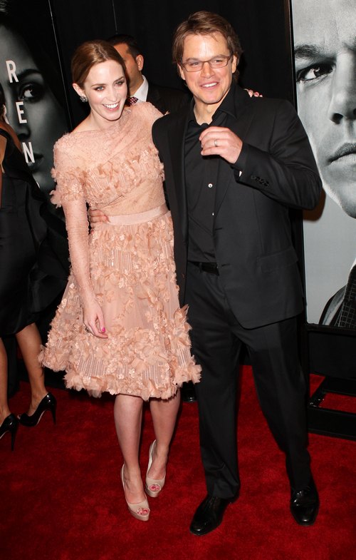 Matt Damon, black suit, Emily Blunt peach dress, nude dress, 