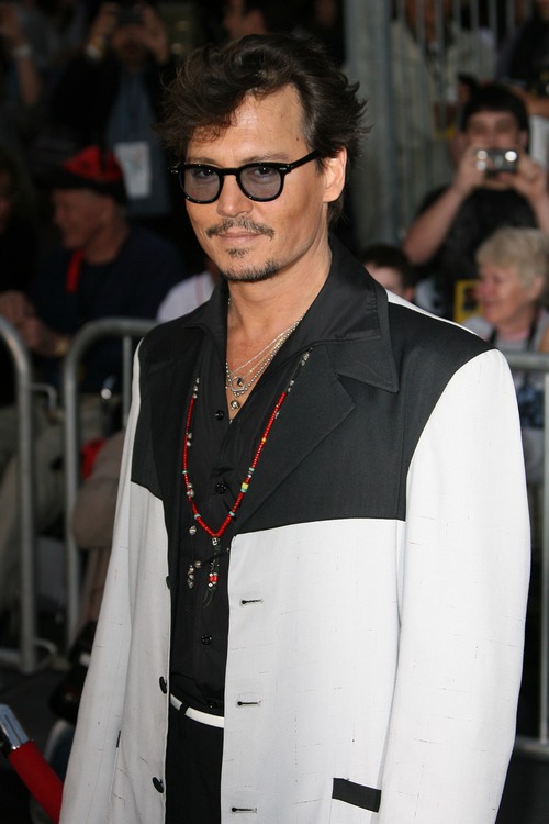johnny depp, white and black jacket, red necklace