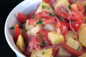 GREEK STYLE POTATO SALAD WITH TOMATO AND QUICK PICKLED RED ONION