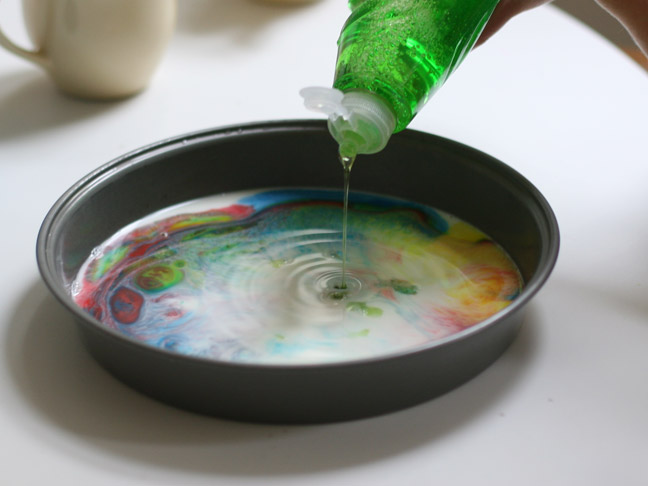 squirting dish soap into rainbow milk