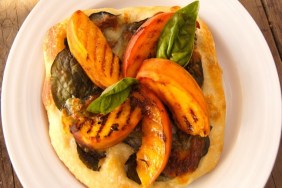 Grilled Peach and Basil Pizza