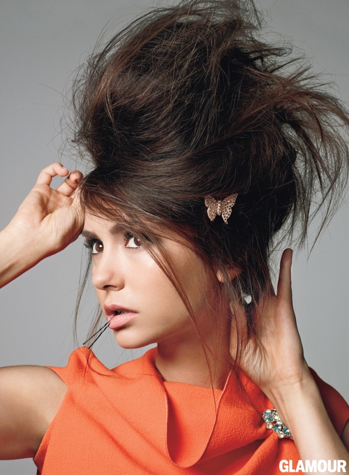 nina dobrev with birds nest hair