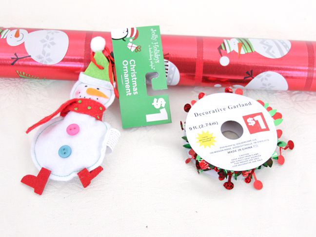 dollar_store_snowman_ornament_gift_wrap_materials