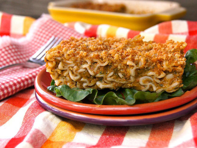 spinach lasagna on red plate