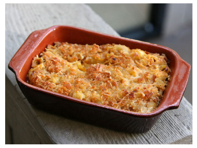 pumpkin mac and cheese in ceramic dish