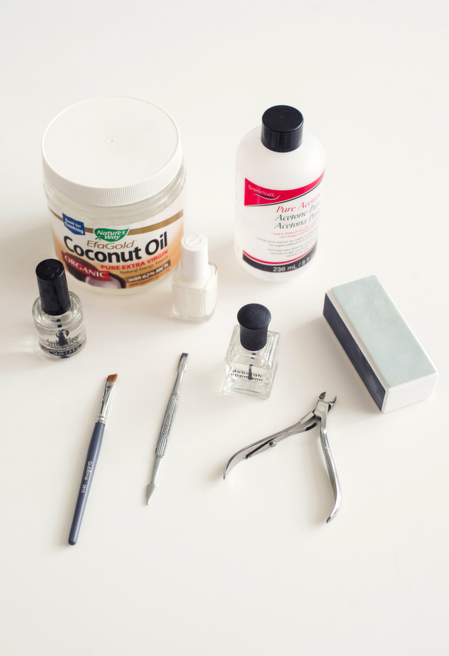 tools for an at home manicure, acetone, clippers etc