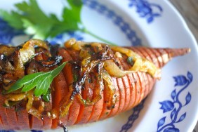 Roasted Hidden Valley Hasselback Sweet Potatoes Recipe with Caramelized Onions - Momtastic