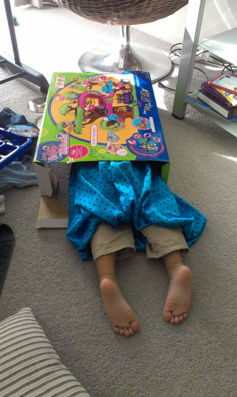child hiding in a toy box