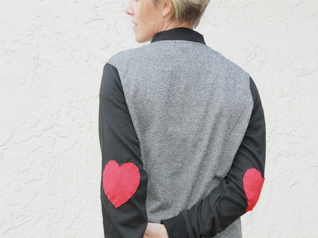 woman wearing DIY heart elbow jacket