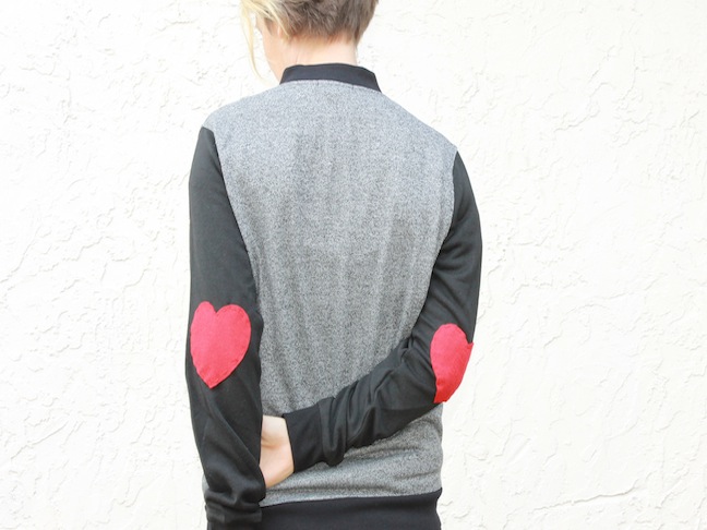 woman wearing heart elbow jacket diy