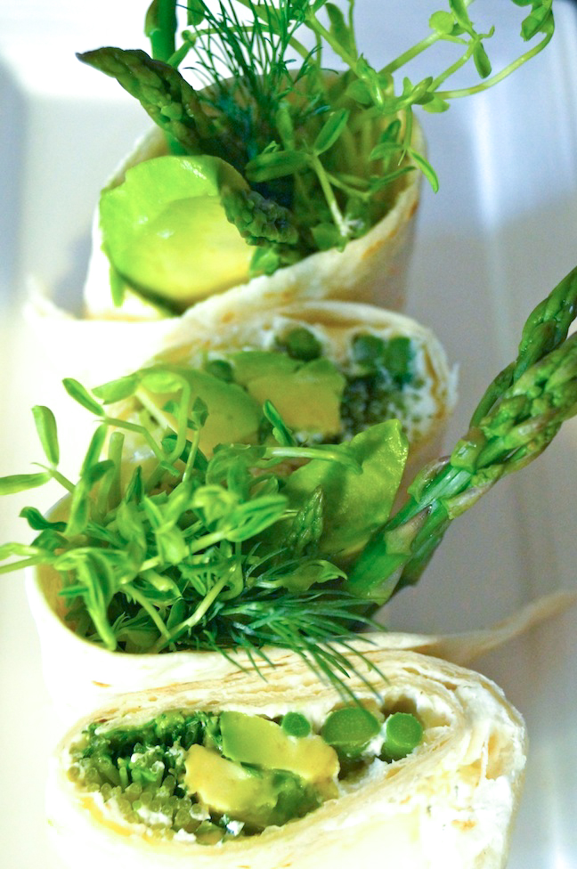 veggie-wrap-greens-asparagus-dill-tortilla-white-platter
