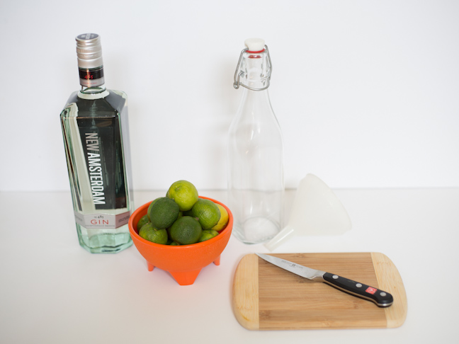 gin-bottle-limes-cutting-board-knife