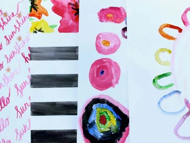 diy-watercolor-pink-hostess-gift-kids-art-paint-black-white-stripes-circles-flower