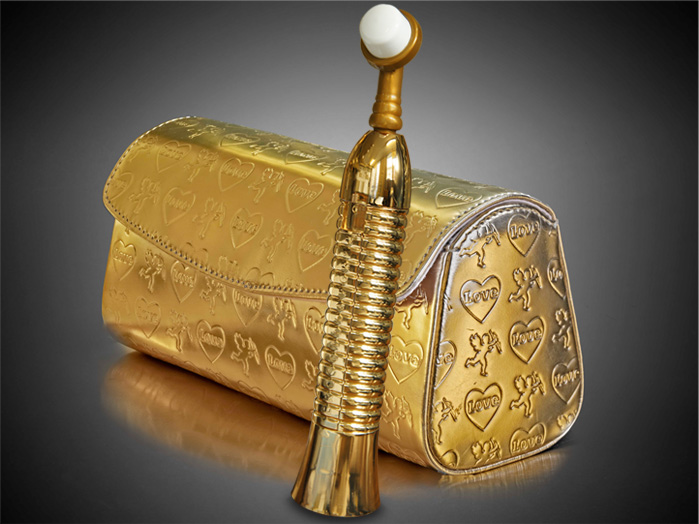 A Eroscillator Gold Sex Toy, pictured with discreet carrying case
