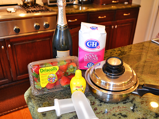 strawberries, champagne, sugar, lemon juice, pot, posicle mold