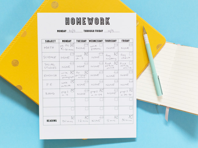 free homework chart