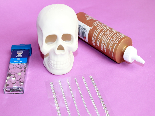 Skull Supplies with rhinestones, glue and sparkles