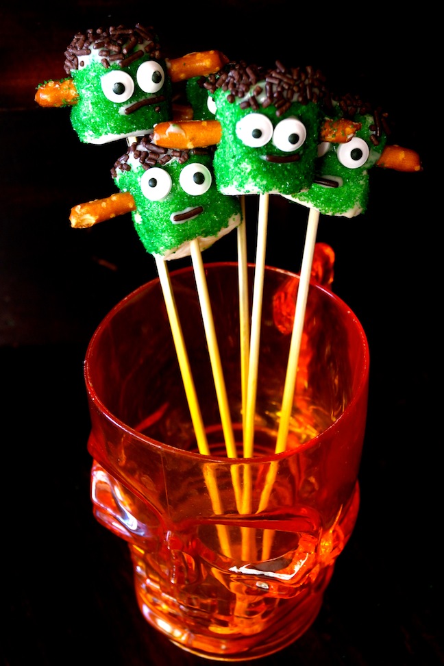 green marshmallows-pretzels-eyes-frankenstein-orange skull glass