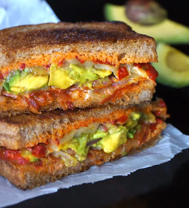 grilled cheese sandwich-avocado-green-red-toast-white paper