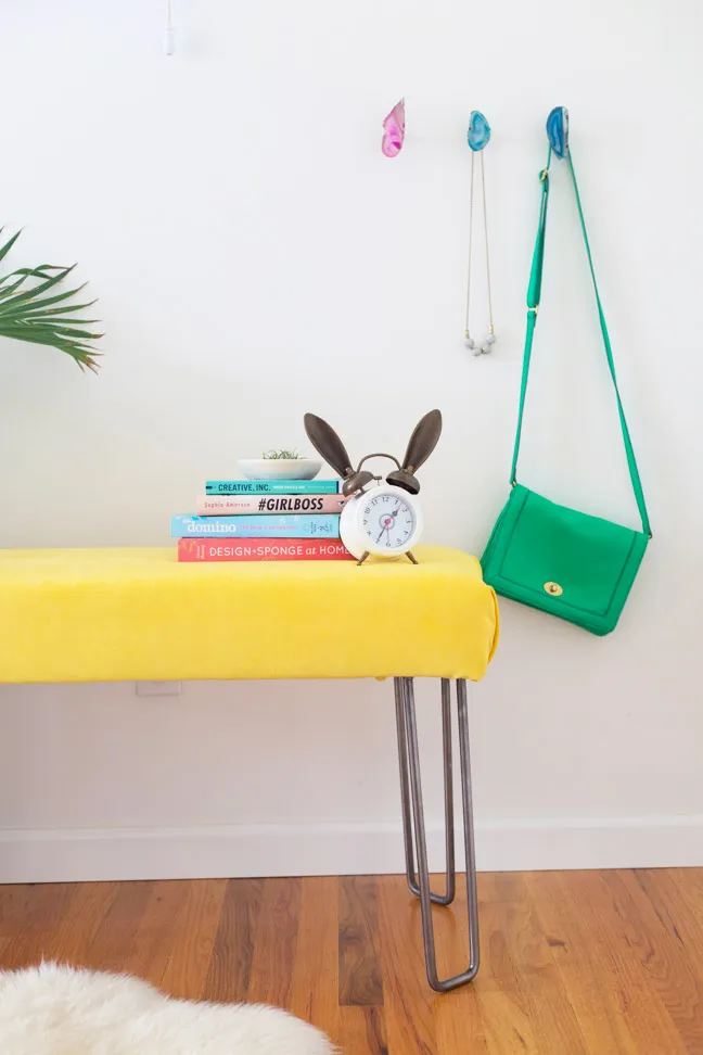 diy-yellow-velvet-bench-books-purse-clock