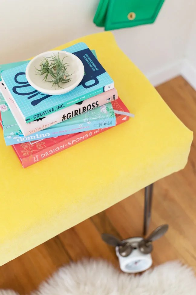 diy-yellow-velvet-bench-with-books