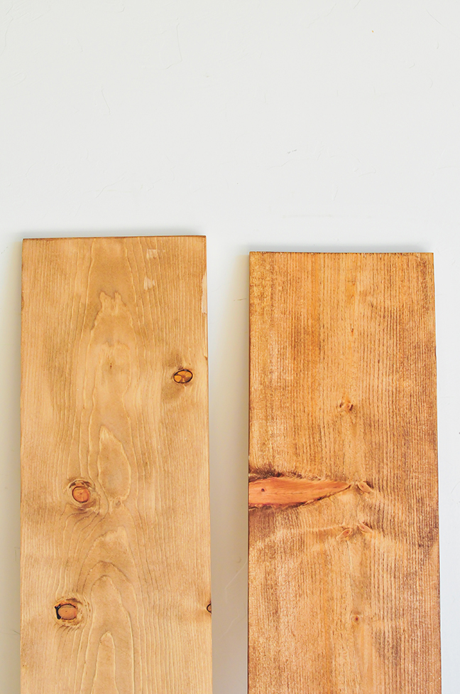 sanding and staining wood to create industrial wall shelves