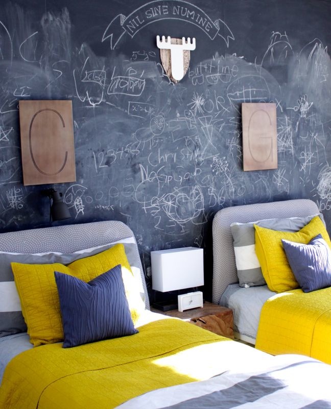 chalk-chalkboard-wall-room-kids-yellow-bedding-initials-wood-room-