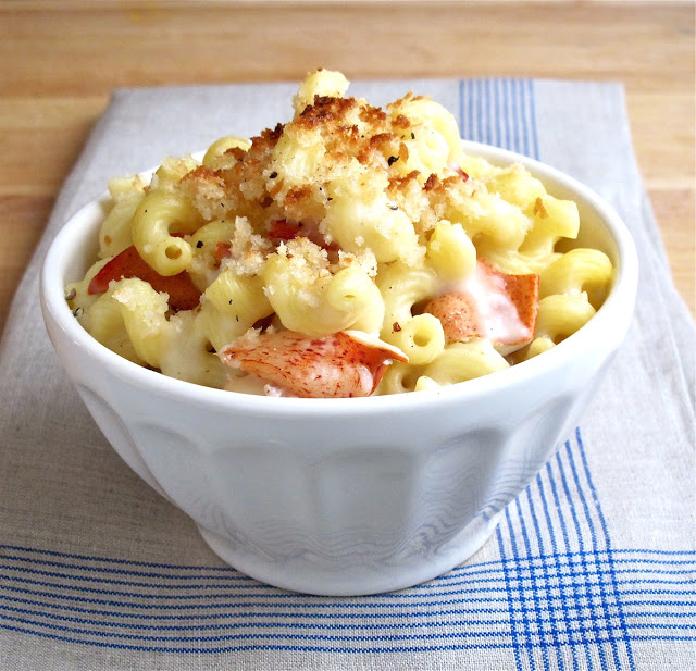 lobster mac and cheese in white bowl