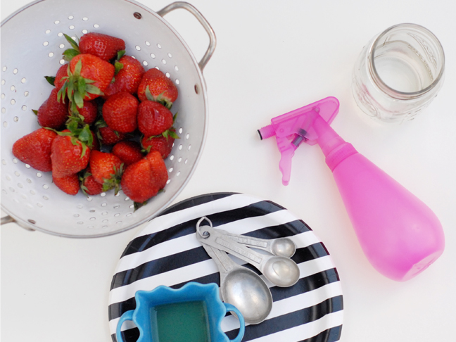 strawberries pink spray bottle