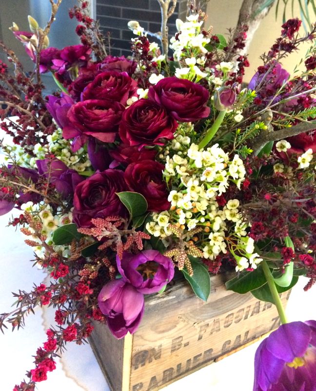 purple-flowers-vintage-crate-magnolia-wood-box-centerpiece-floral-arrangement