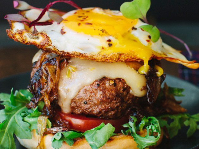 burger topped with fried egg