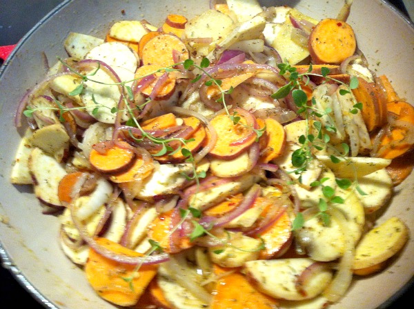 sweet potatoes onions in pan