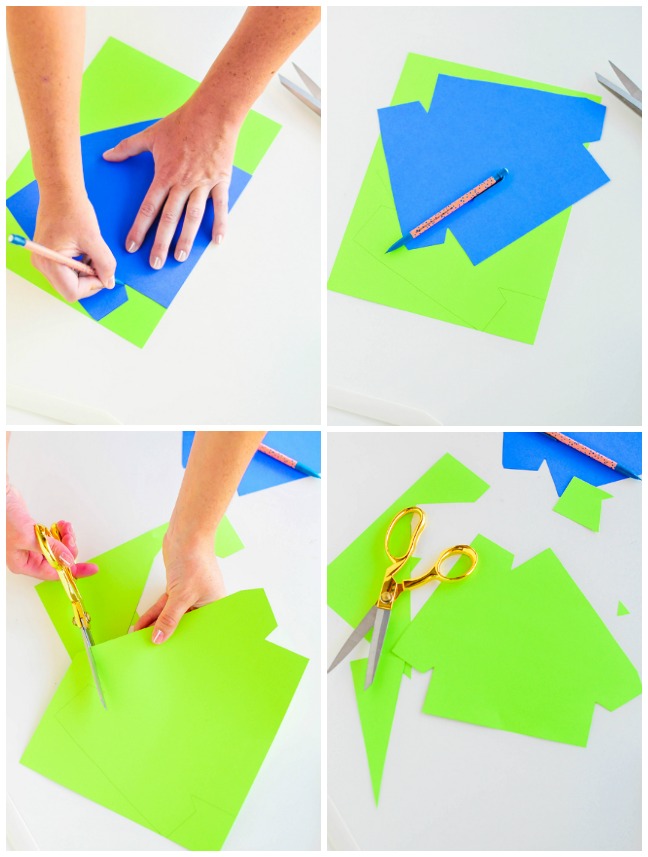 tracing and cutting bright paper in triangles